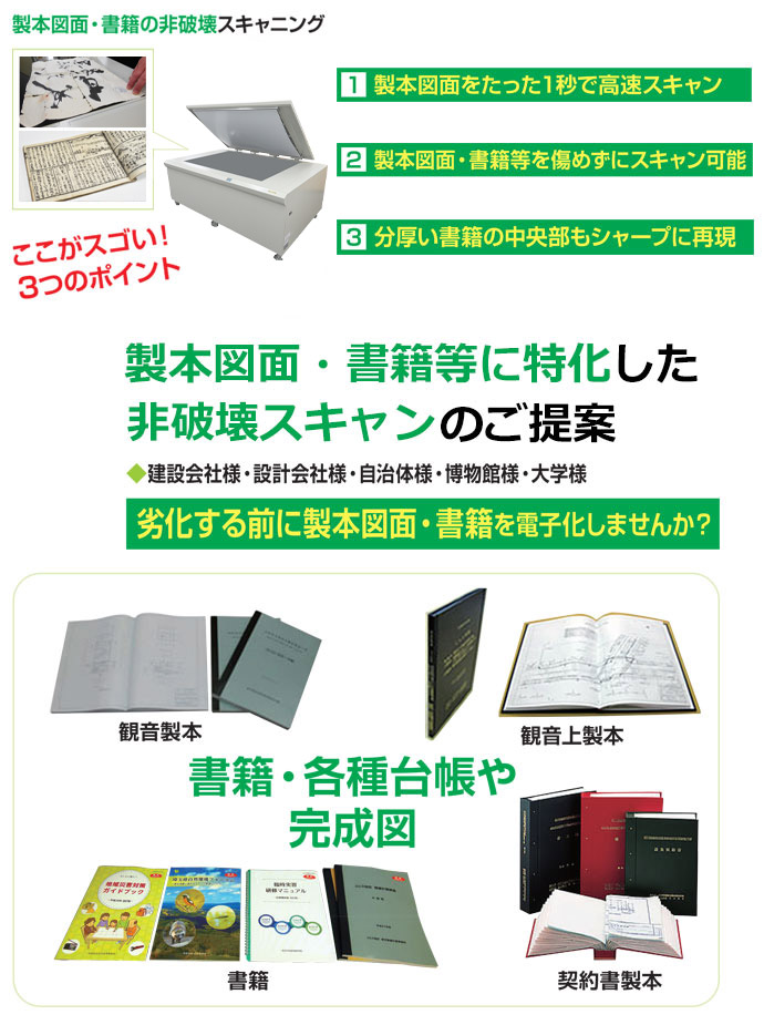 製本図面・書籍等に特化した非破壊スキャンのご提案！ 建設会社様・設計会社様・自治体様・博物館様・大学様、製本図面や書籍などが劣化する前に電子化しませんか？