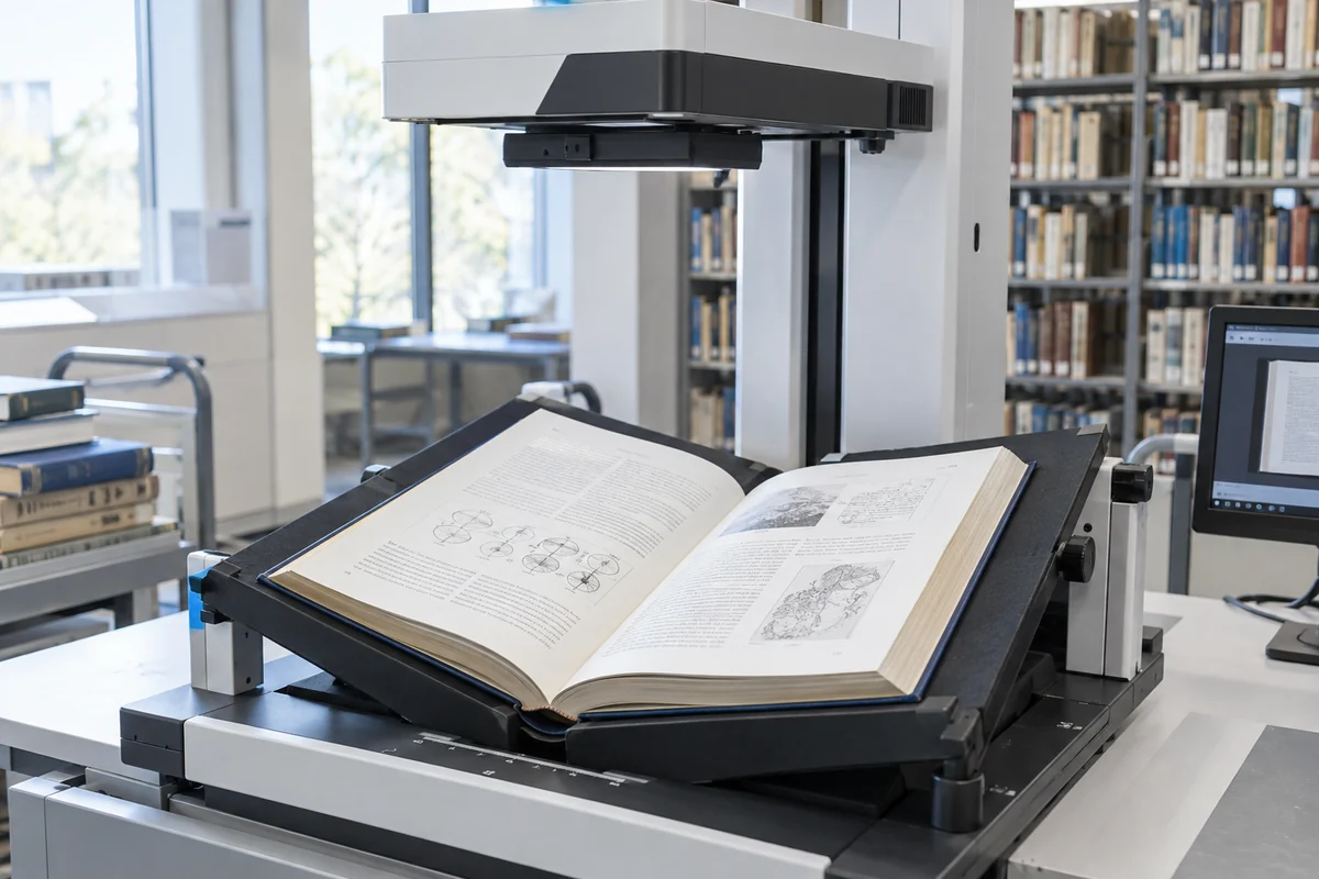 製本された研究書を開いたまま読み取るオーバーヘッドスキャナーのイメージ