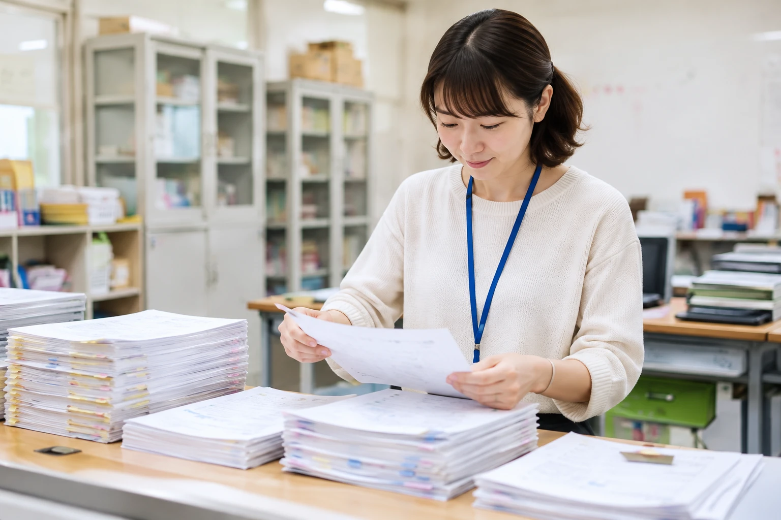 授業プリントを整理する教員