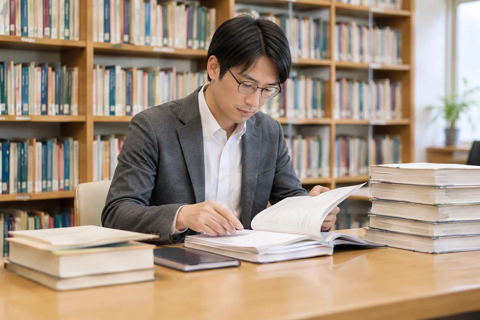 図書室で研究資料を確認する研究者