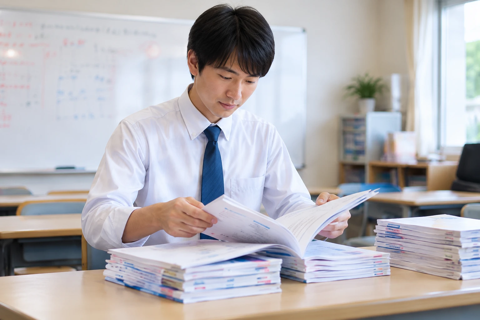 学習塾で問題集を確認する講師