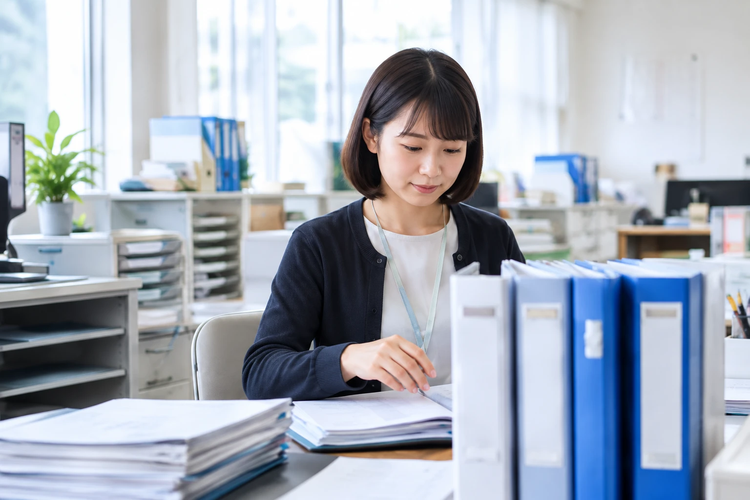 学校事務室で文書を整理する職員