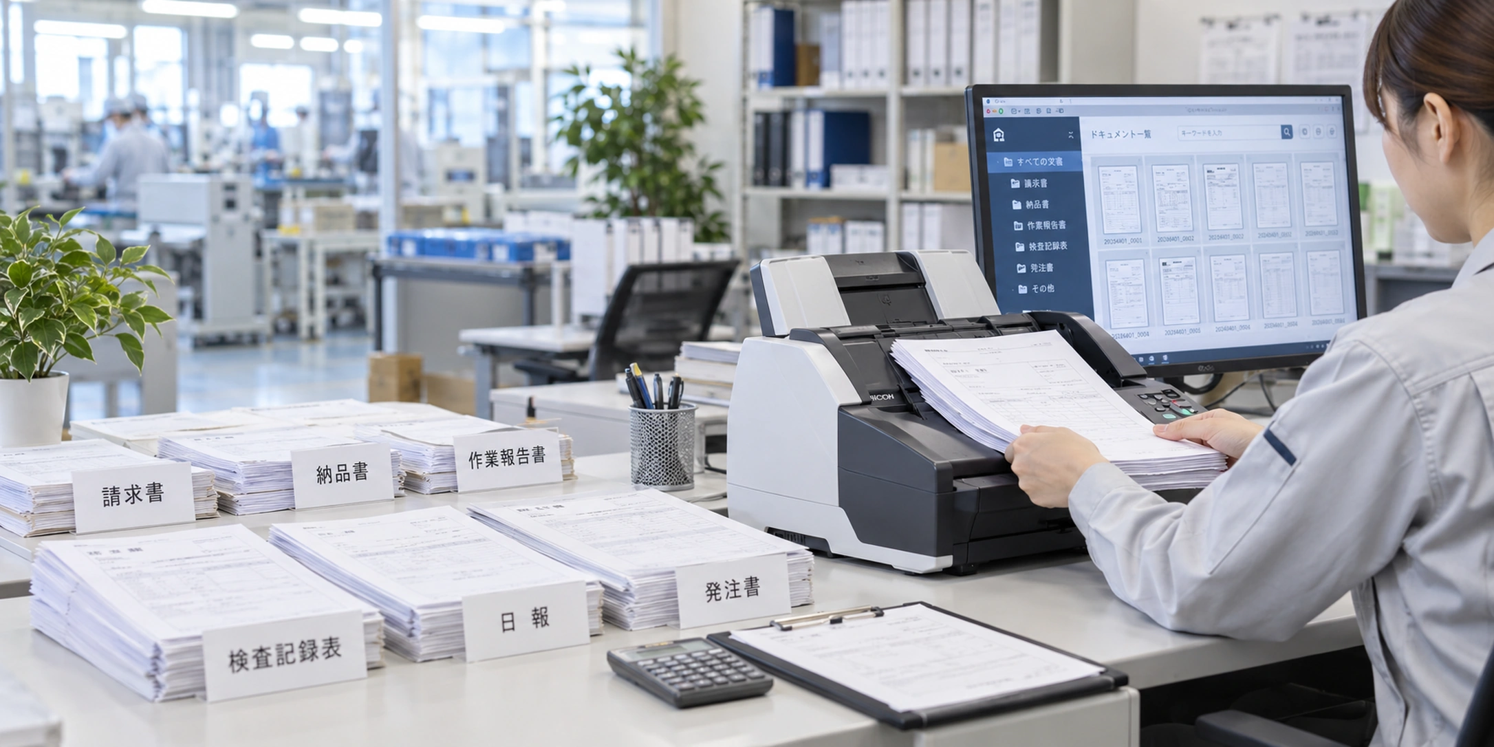 製造業の帳票をスキャンし、パソコンで電子化した書類を確認する作業風景