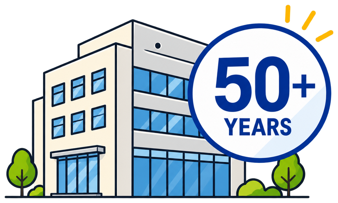 創業50年以上を表す社屋と50周年の図形
