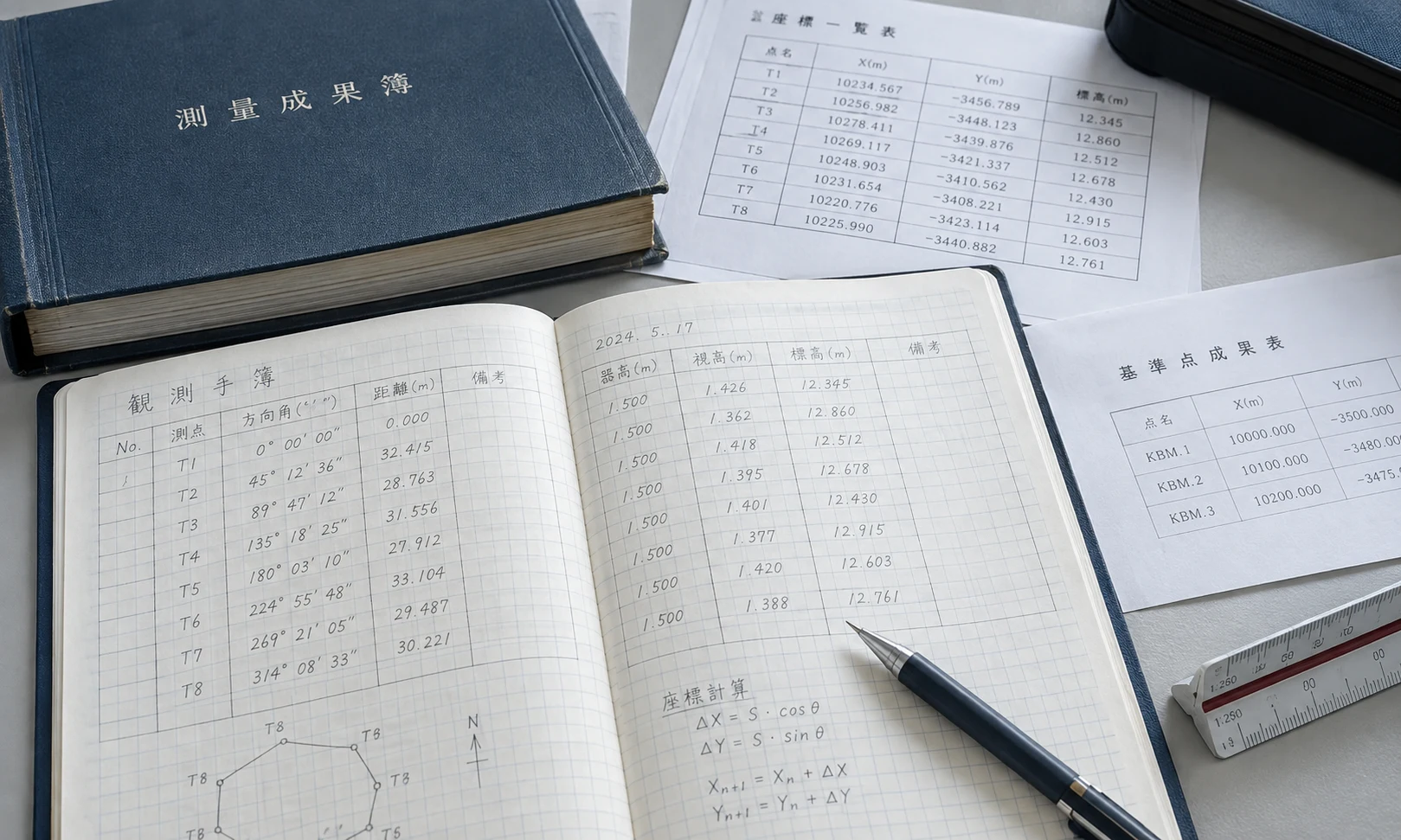 測量成果簿と野帳・計算記録のイメージ
