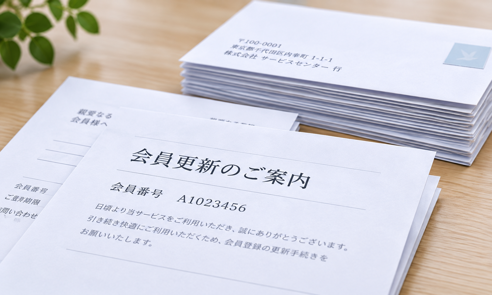 会員更新の案内書と宛名入り封筒の印刷サンプル