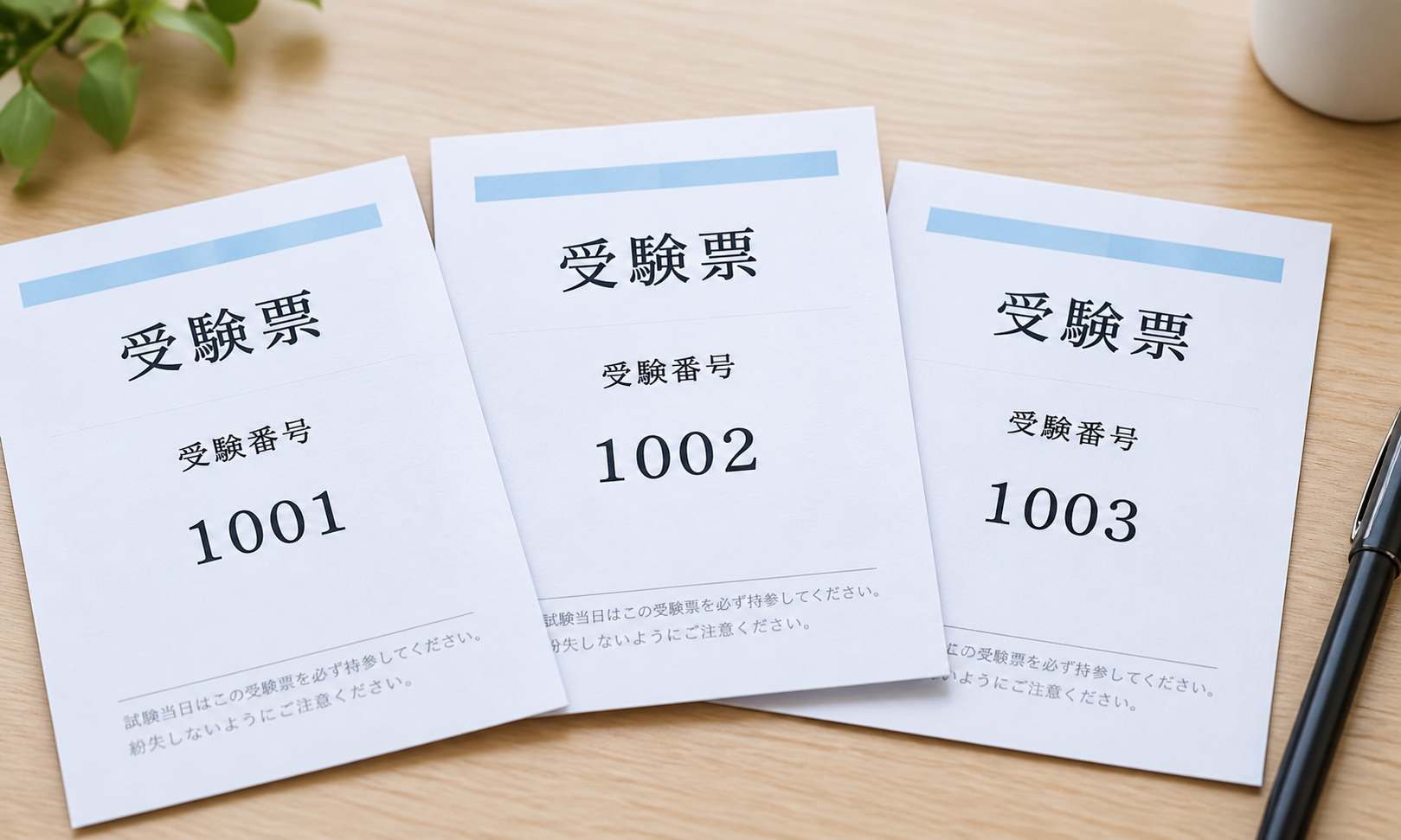 受験番号が異なる受験票の印刷サンプル