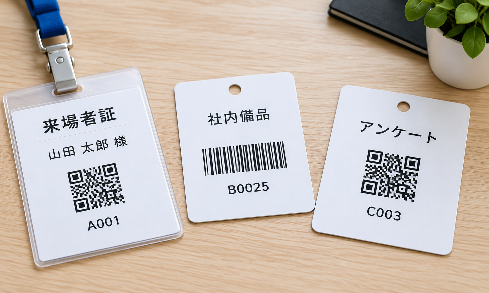 QRコードとバーコードを印刷した受付証・管理用タグ