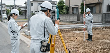 測量現場で測量機器を操作するスタッフ